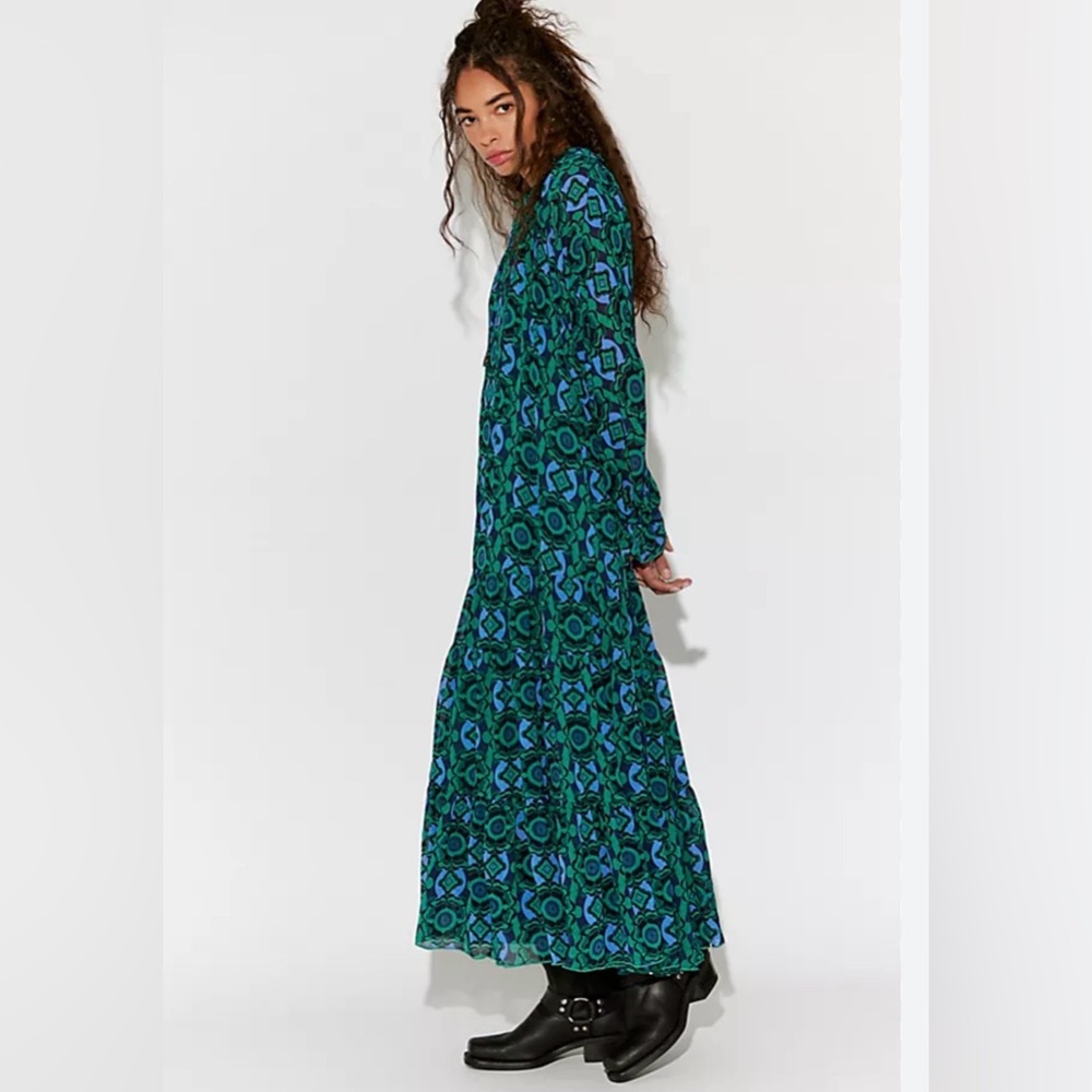NWT Free People Feeling Groovy Maxi Dress Navy Combo Retro Print Medium + Slip